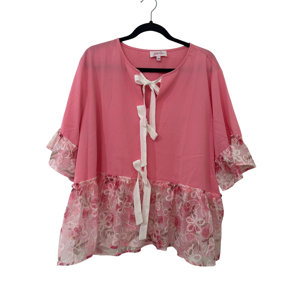 Jess Lea Pink Floral Lace Ruffle Embroidered Top 3X Ribbon Cottagecore Feminine